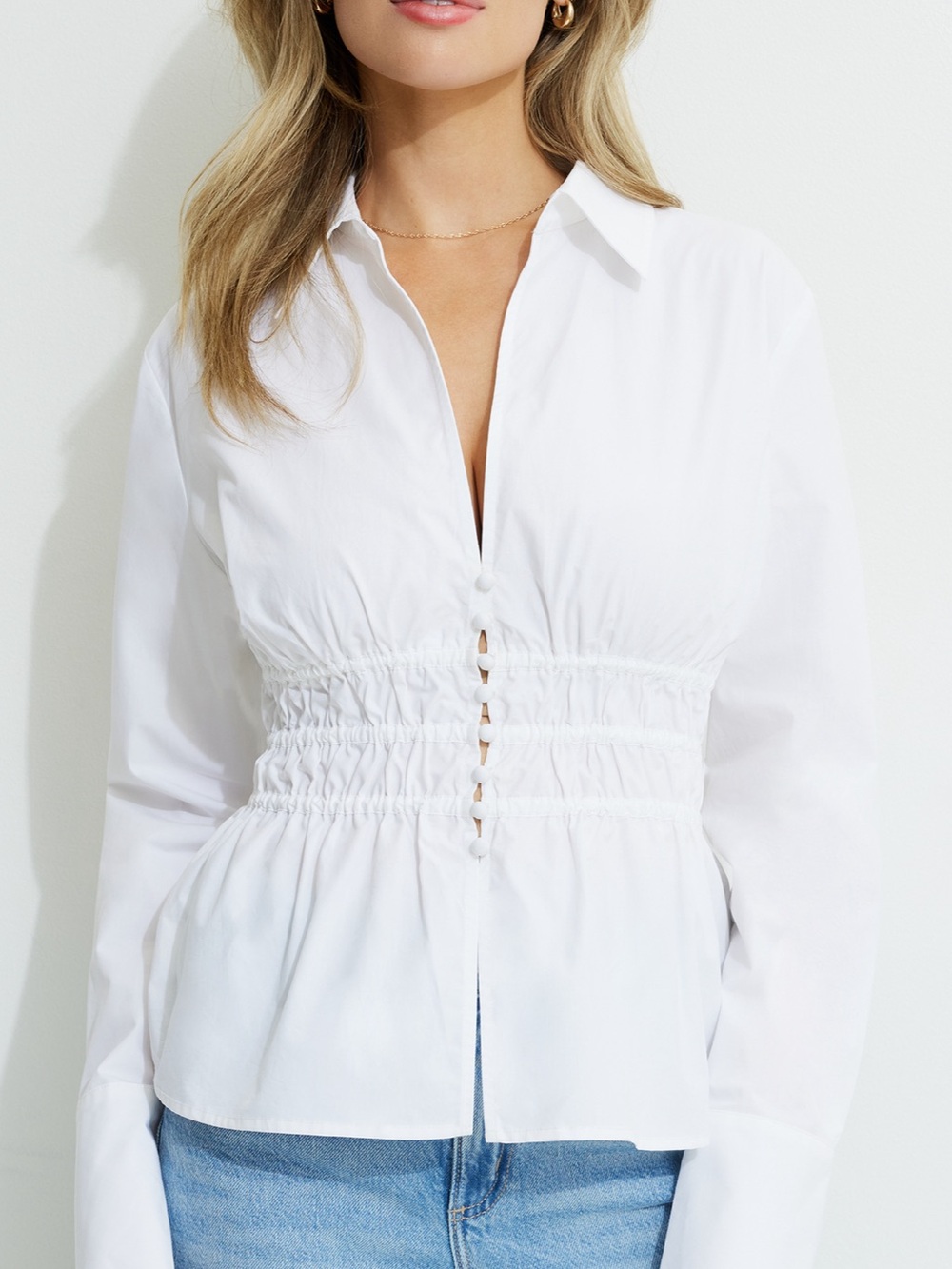 Dynamite White Smocked-Waist Button Front Shirt